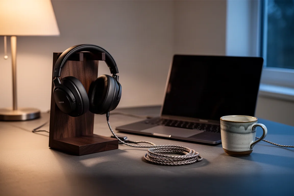 Over-ear hoofdtelefoon op een houten standaard naast een laptop en koffiekopje op een bureau