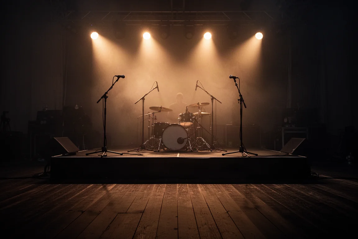 Sfeervol verlicht klein concertpodium met microfoonstandaards en warme spotlights