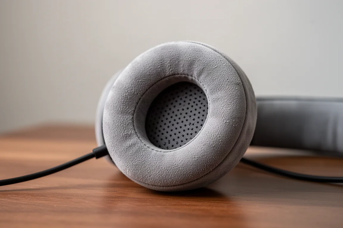 Close-up van een geperforeerde suède-achtige oorkussen van een hoofdtelefoon op een houten oppervlak