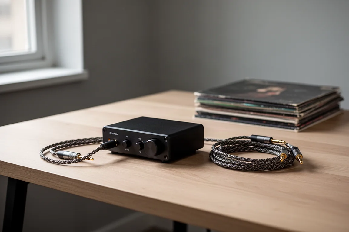 Compacte desktop hoofdtelefoonversterker en DAC met een coiled kabel op een houten bureau