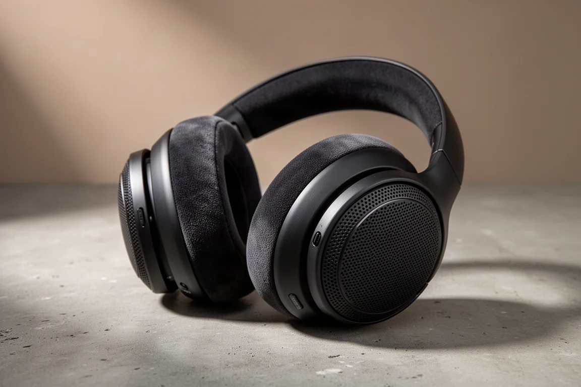 Semi-open over-ear headphones with matte black cups and suede ear pads on a concrete surface