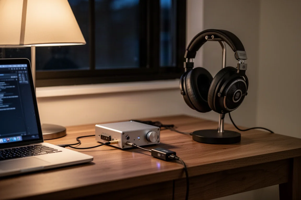 Mesa de audição em uma noite tranquila com um pequeno amplificador de fones, DAC dongle e fones abertos em um suporte