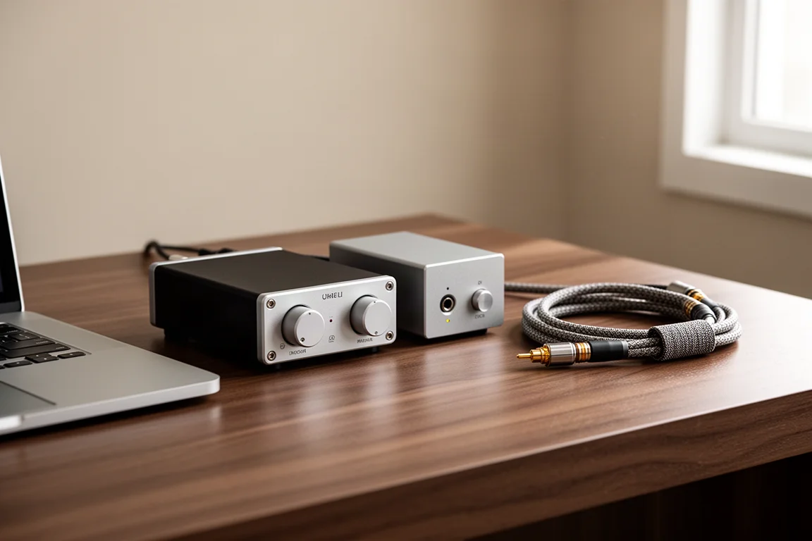 Conjunto compacto de DAC de mesa e amplificador de fones com cabo balanceado revestido em tecido