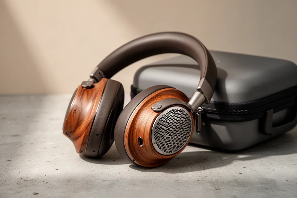 Open-back headphones with wooden ear cups beside a hard-shell travel case on concrete