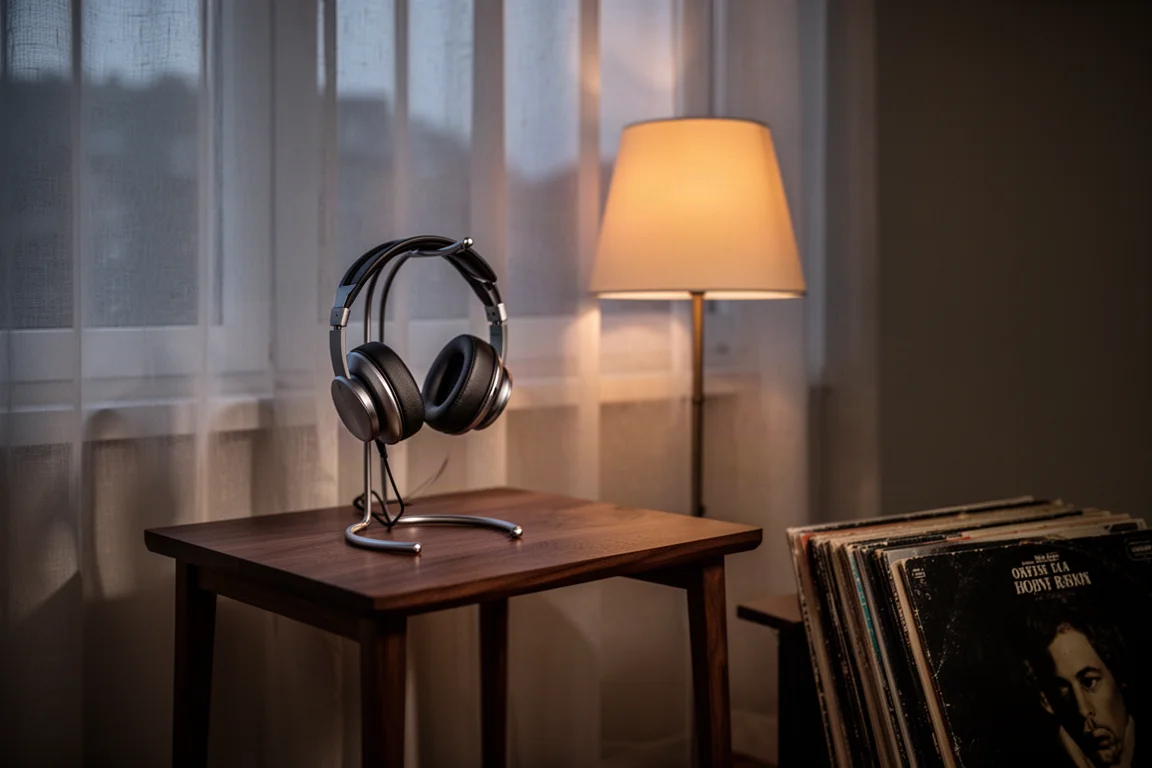 Stille luisterhoek bij schemer met een hoofdtelefoonstandaard, warme lamp en vinylplaten