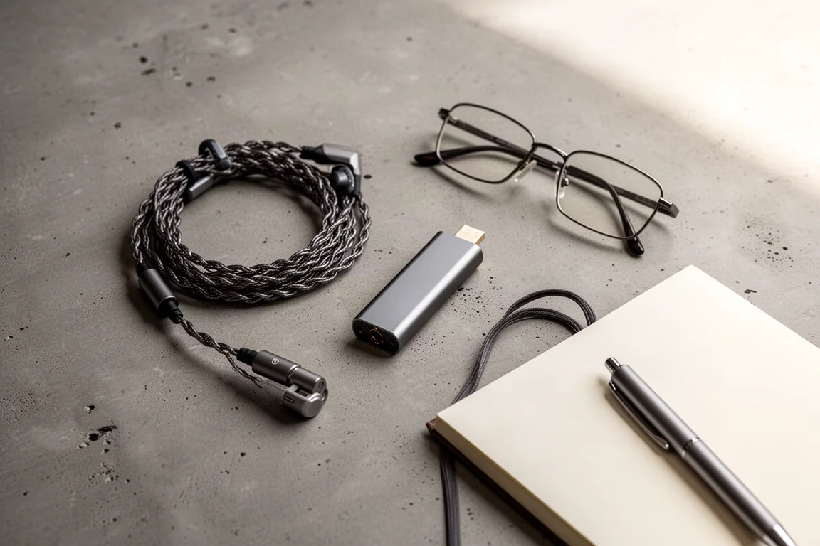 Overhead flat-lay van een gevlochten hoofdtelefoonkabel, draagbare DAC-dongle en notitieboek