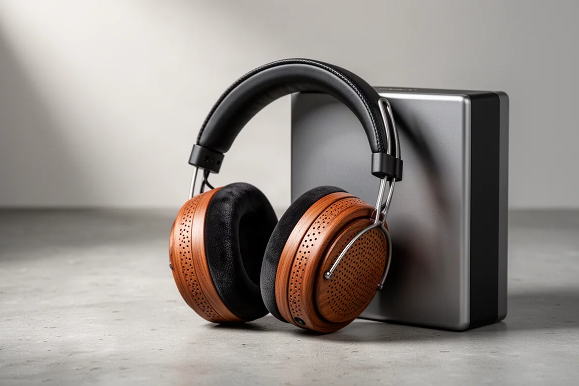 Open-back headphone with wooden ear cups resting beside a slim display case on concrete