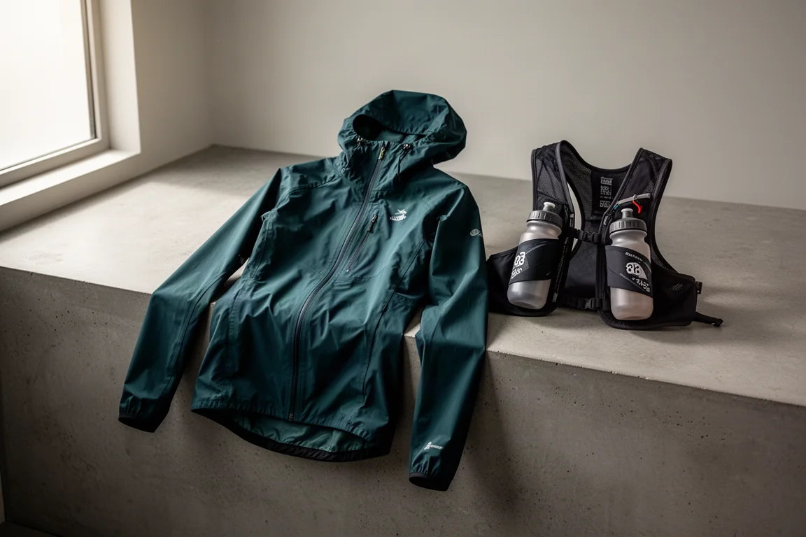 Harrier Exmoor waterproof running jacket draped on concrete beside a race vest