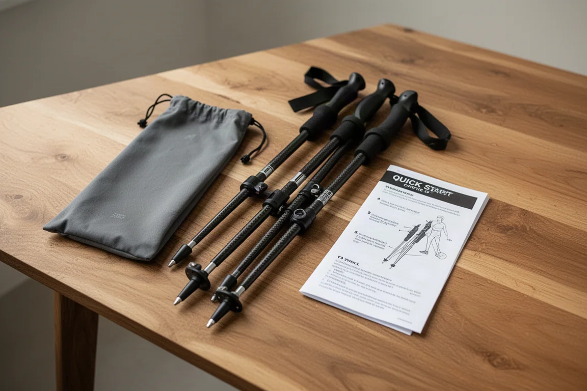 Opgevouwen carbon hardloopstokken met beschermende draagtas en snelstartgids op een houten tafel