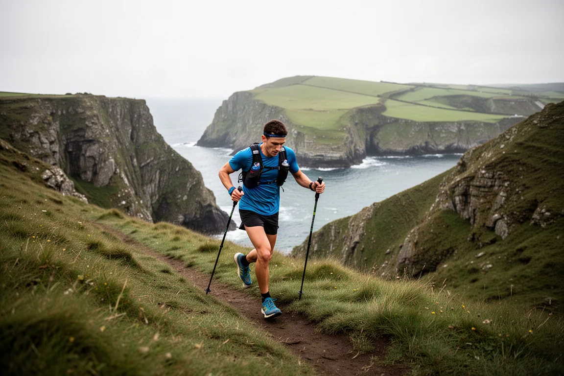 Trailrunner daalt een steil kustdalpad af met hardloopstokken in de hand