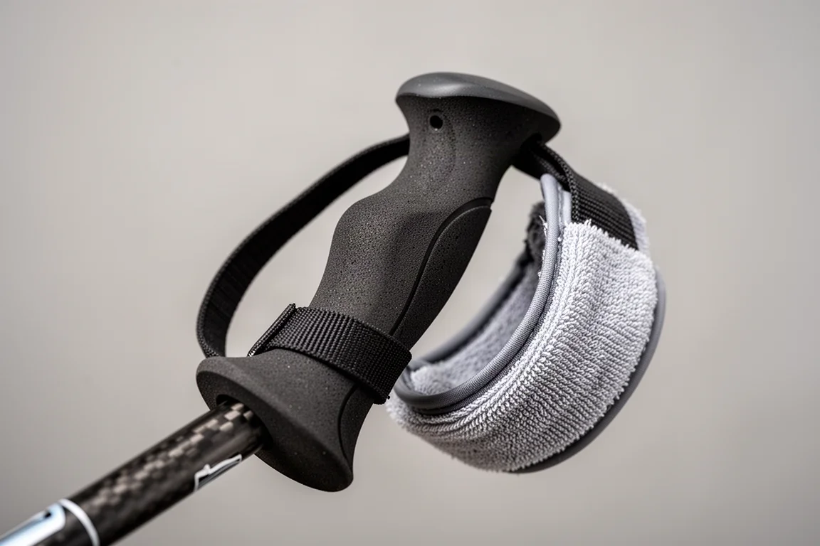 Close-up van de ergonomische foamgreep en de zacht gevoerde polsband van een hardloopstok
