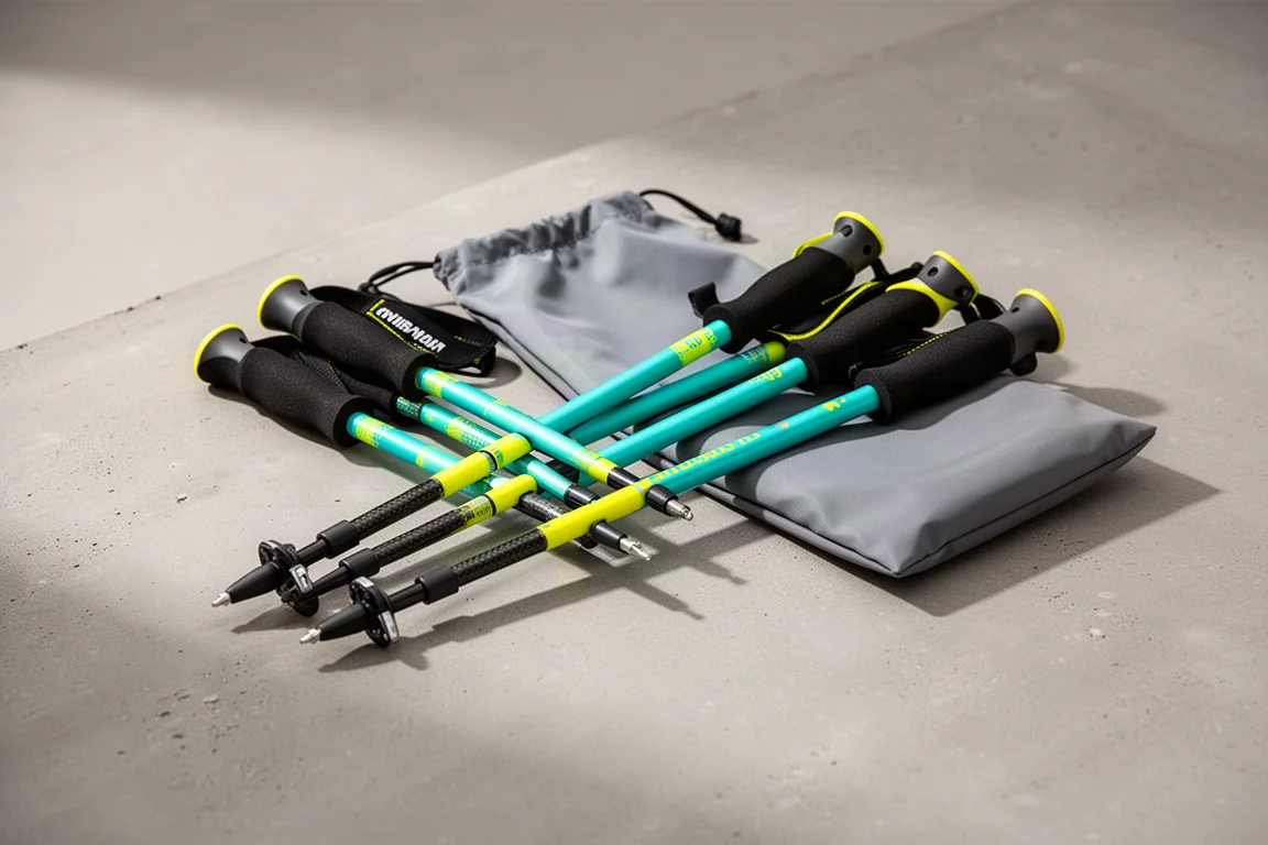 Folded carbon running poles in turquoise and yellow with a carry bag on concrete