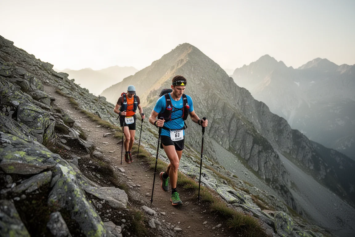 Trailrunner erklimmt mit Stöcken im Power Hiking einen steilen alpinen Bergtrail