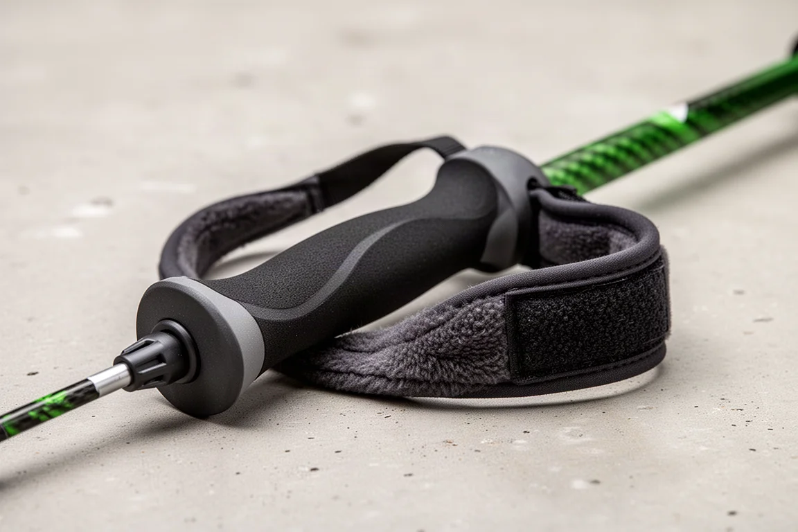 Nahaufnahme des konturierten EVA-Schaumgriffs und der gepolsterten Handschlaufe eines Running Poles