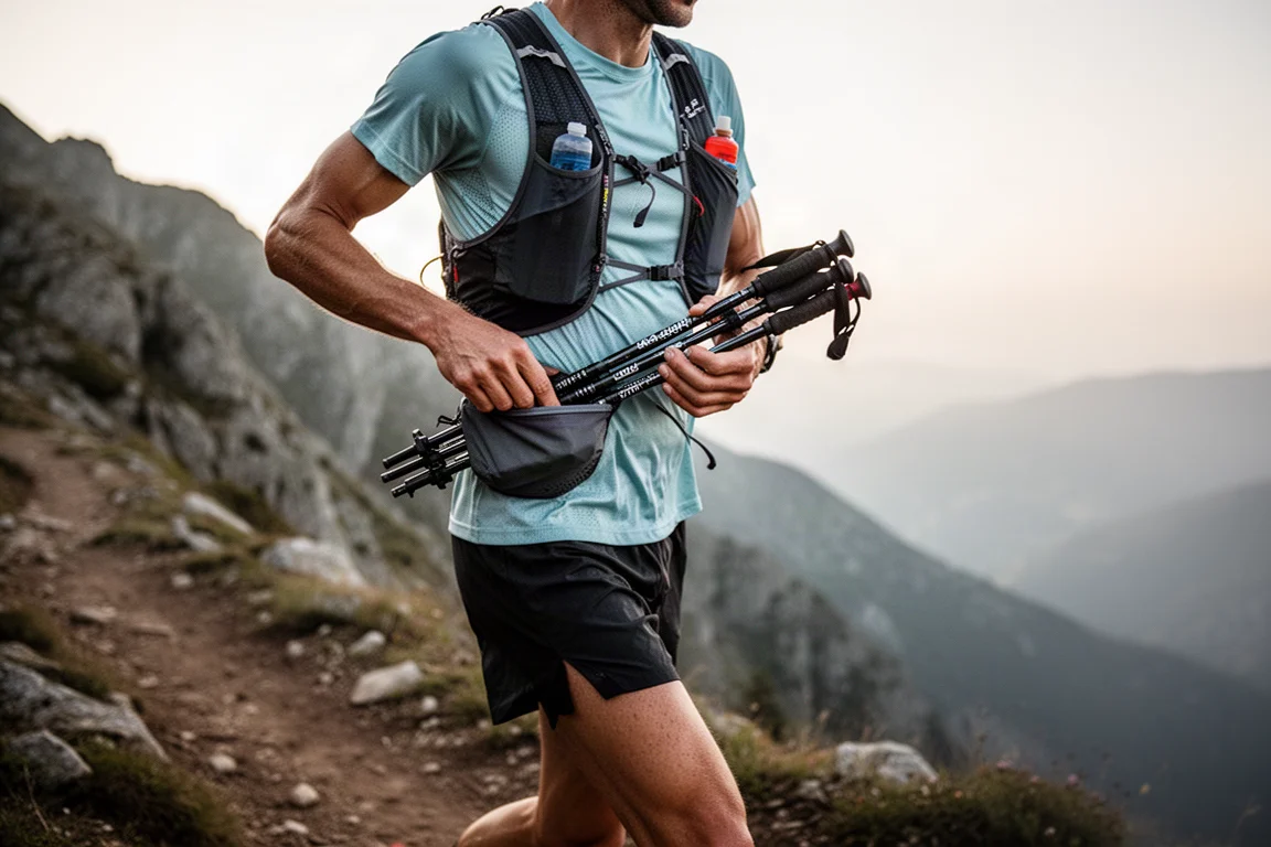 Läufer verstaut zusammengefaltete Running Poles in eine Trailrunning-Weste am Bergtrail