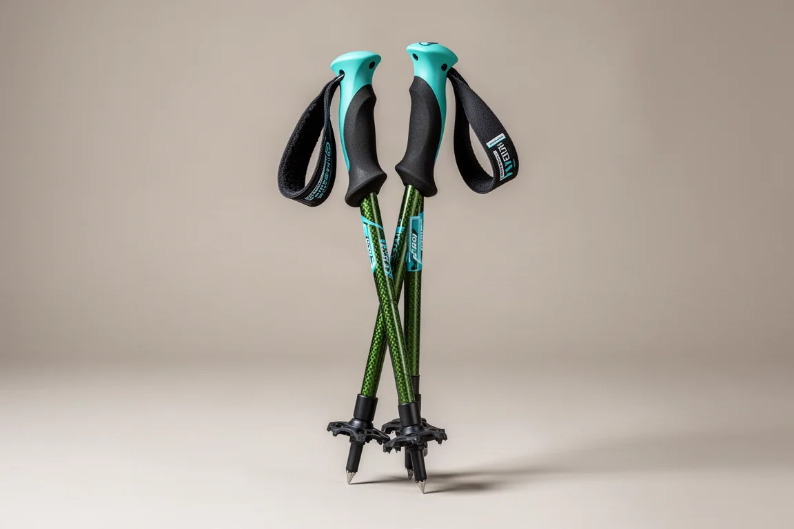 Pair of Harrier Hellvelyn Carbon Pro folding running poles with green carbon weave and aqua details