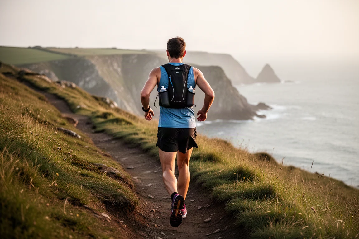 Trail runner on a coastal path with a running vest worn over a light top