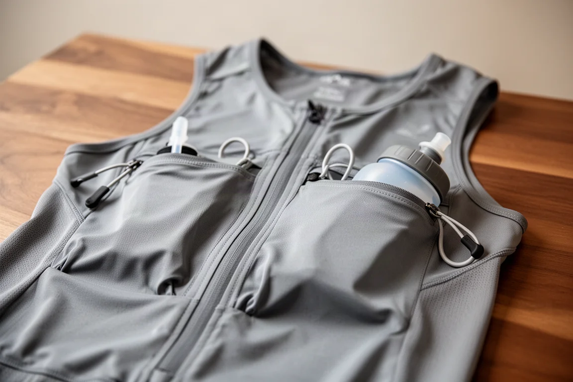 Close-up of front stash pockets and elastic straw holders on a running vest