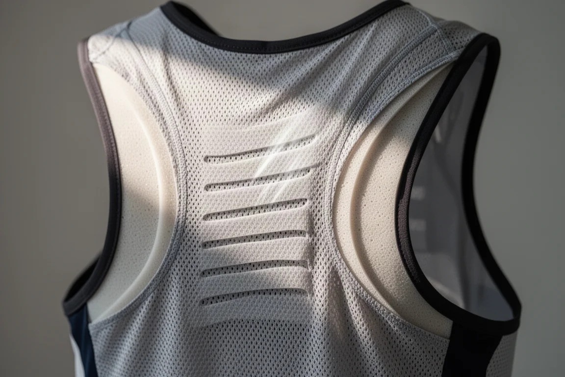 Detail of mesh panel construction on the back of a running vest