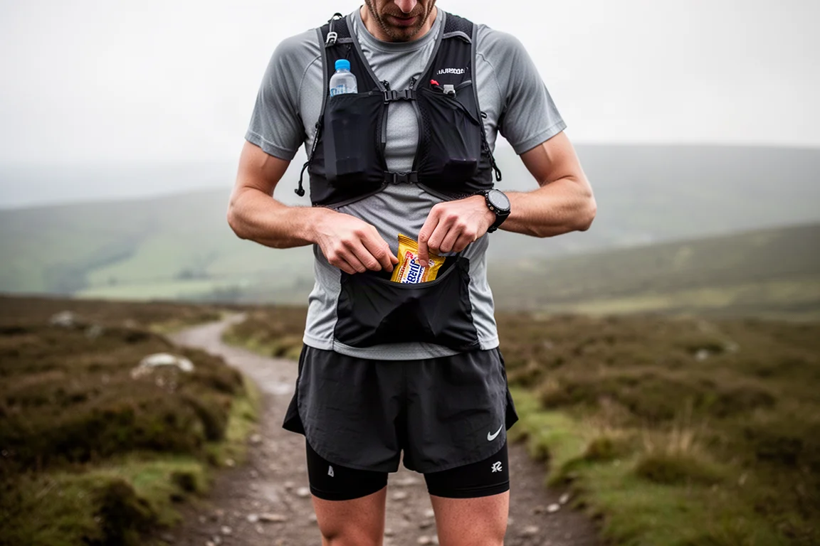 Runner pausing on a moorland trail to grab snacks from a vest pocket