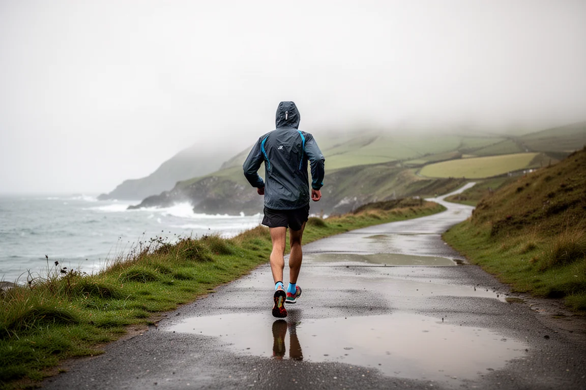 Trail runner con una giacca impermeabile con cappuccio su un sentiero costiero bagnato