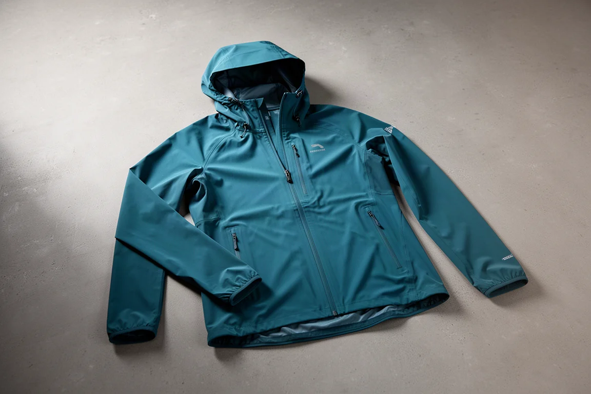 Giacca da running impermeabile blu petrolio stesa su una superficie di cemento grigio
