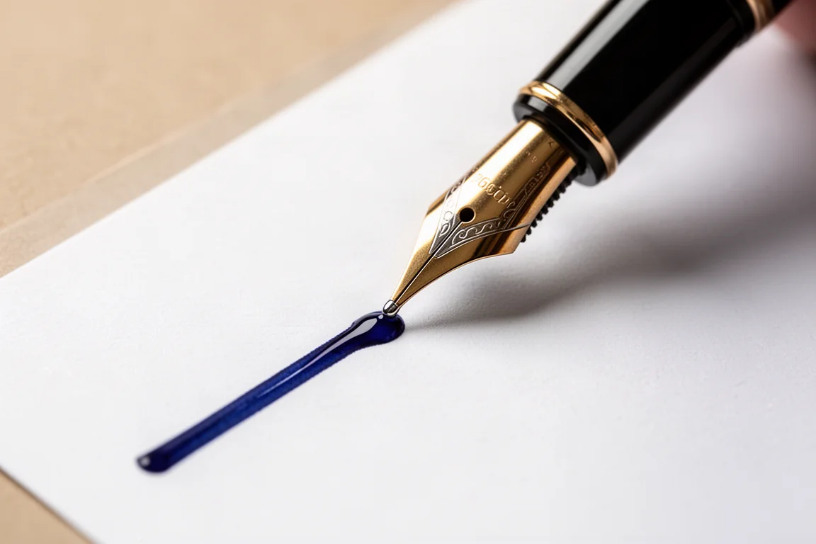 Füllfederhaler-Feder schreibt blaue Tinte auf weißes Papier