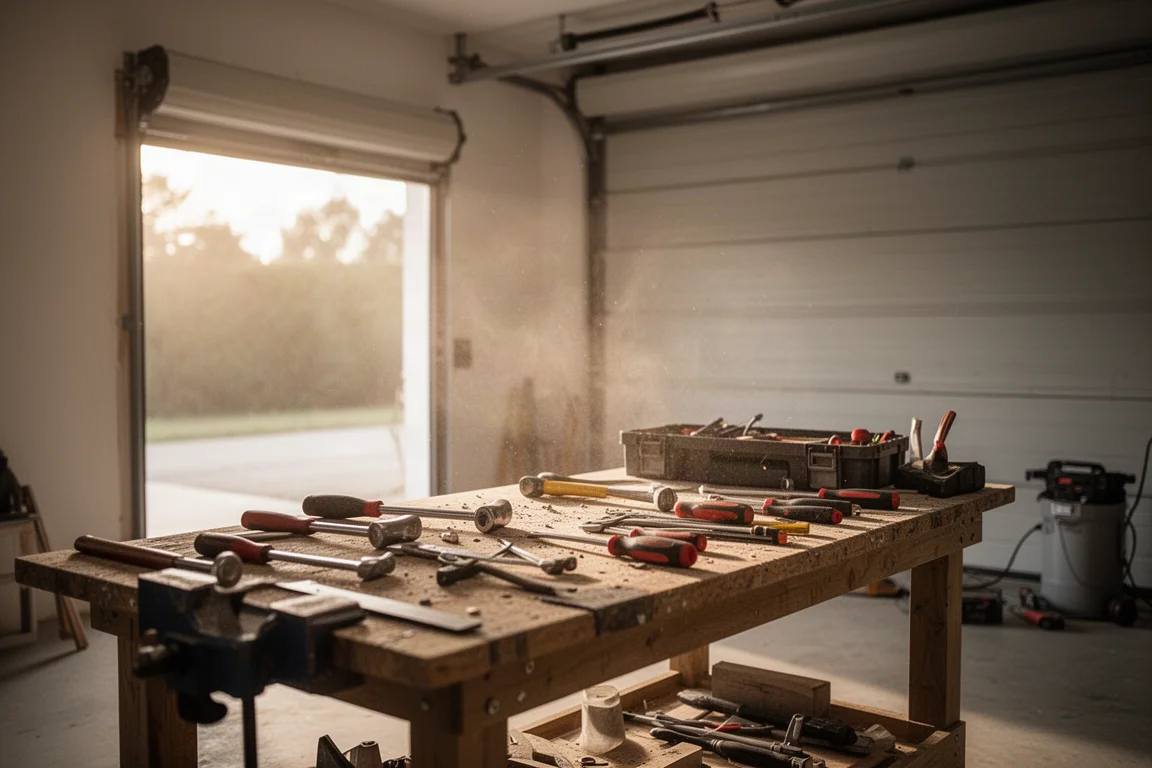 Spazio di lavoro in garage con attrezzi disposti sotto una calda luce diurna
