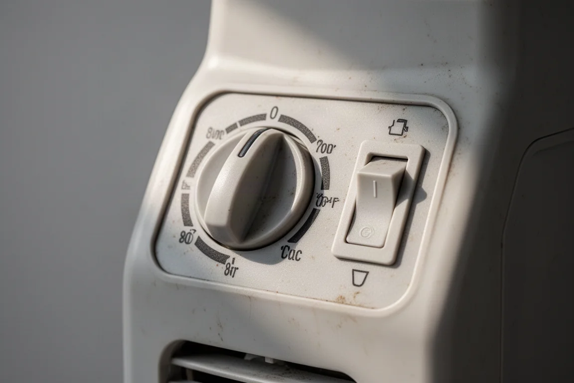Primo piano di un interruttore e di una manopola su una carcassa di ventilatore in plastica