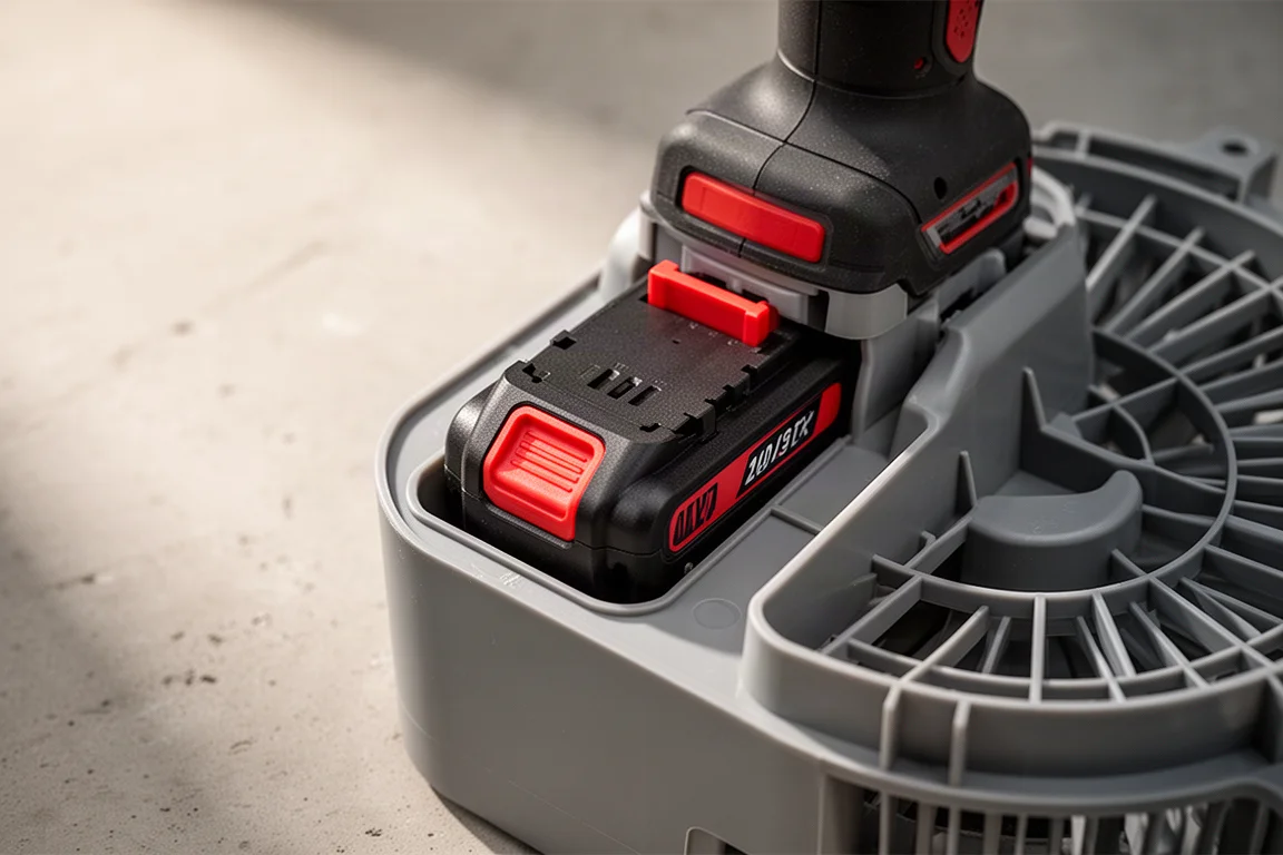 Una batteria per utensili elettrici cordless tenuta vicino al vano batteria di un ventilatore