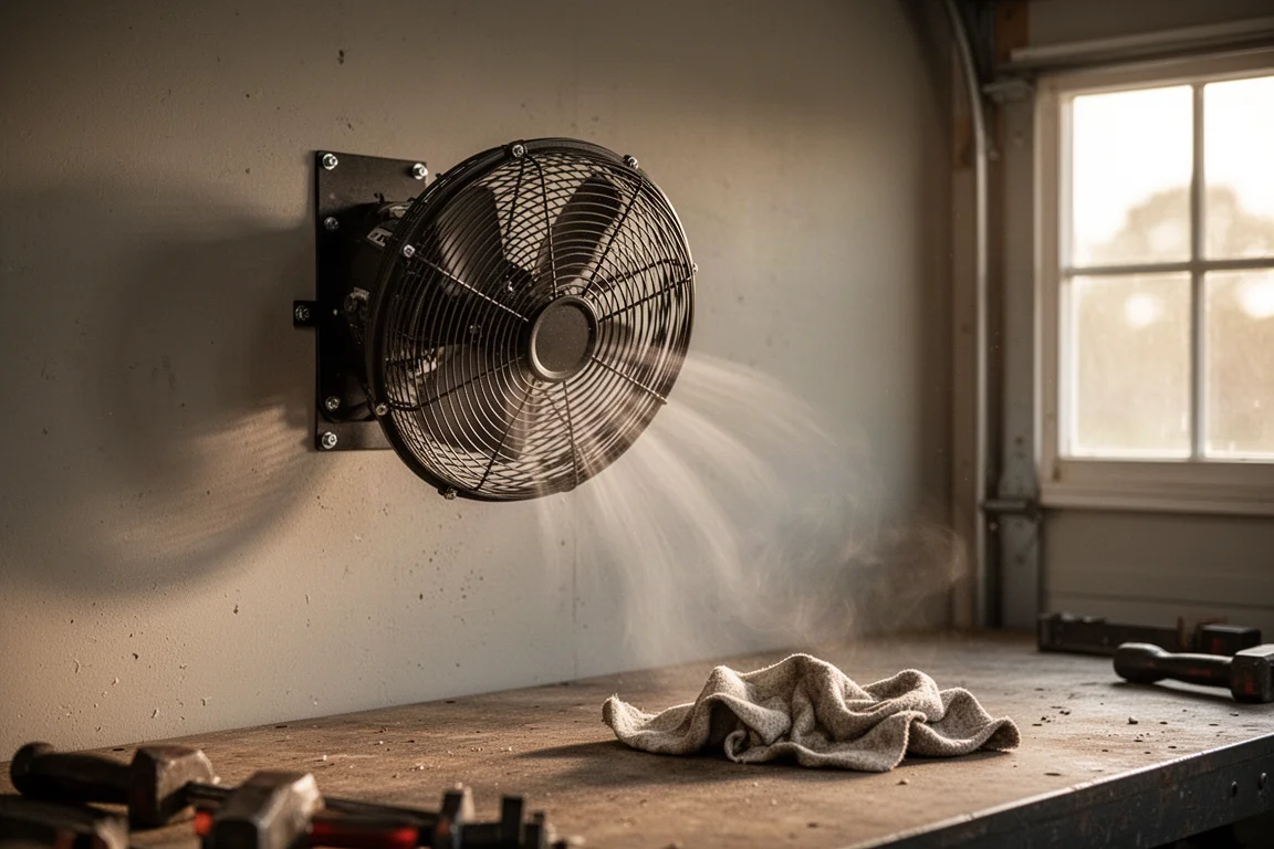Ventilatore montato su una staffa a muro nel garage che soffia aria sopra un banco di lavoro