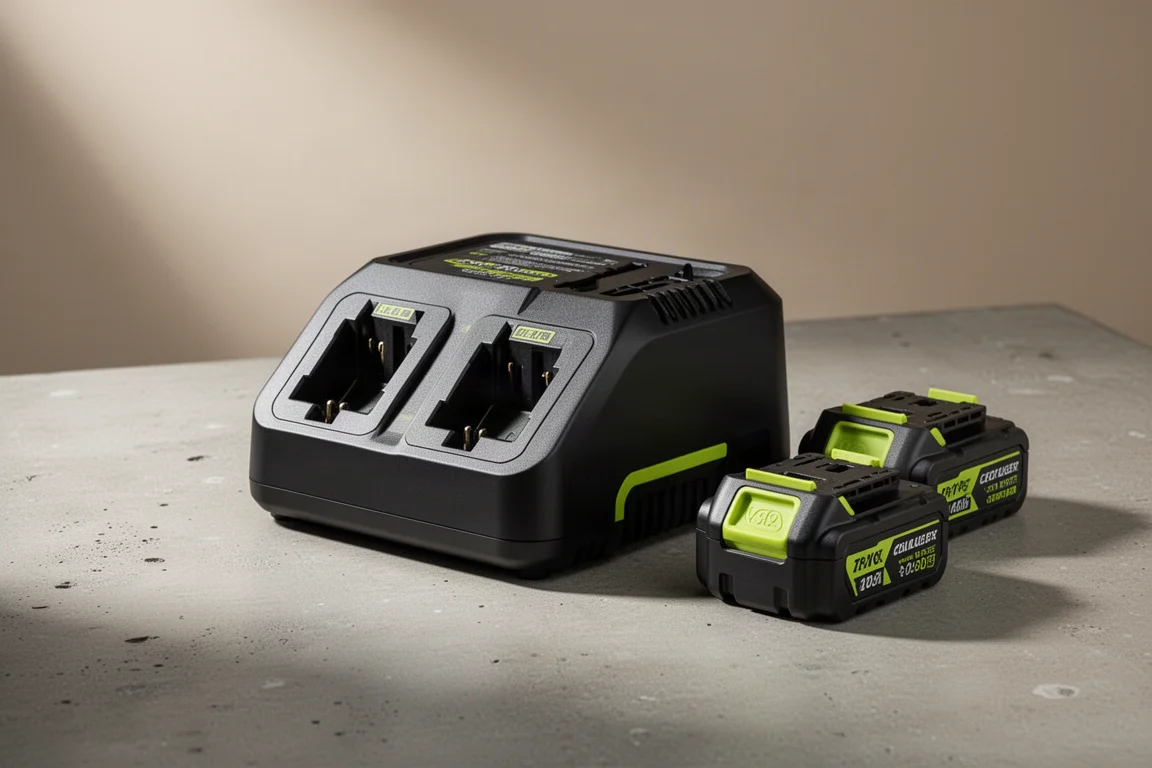 Hart 2-Port Rapid Charger with two 20V battery packs on a concrete surface