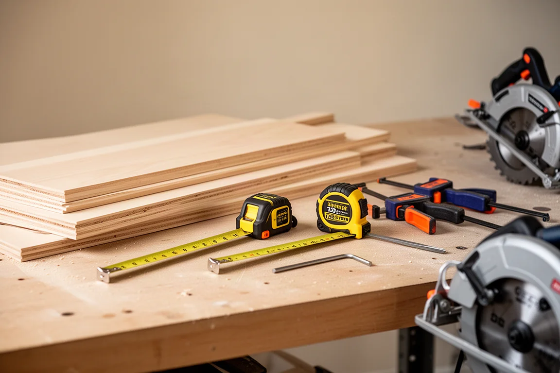 Klusser organiseert gereedschap op een garage-werkbank tijdens een weekendproject