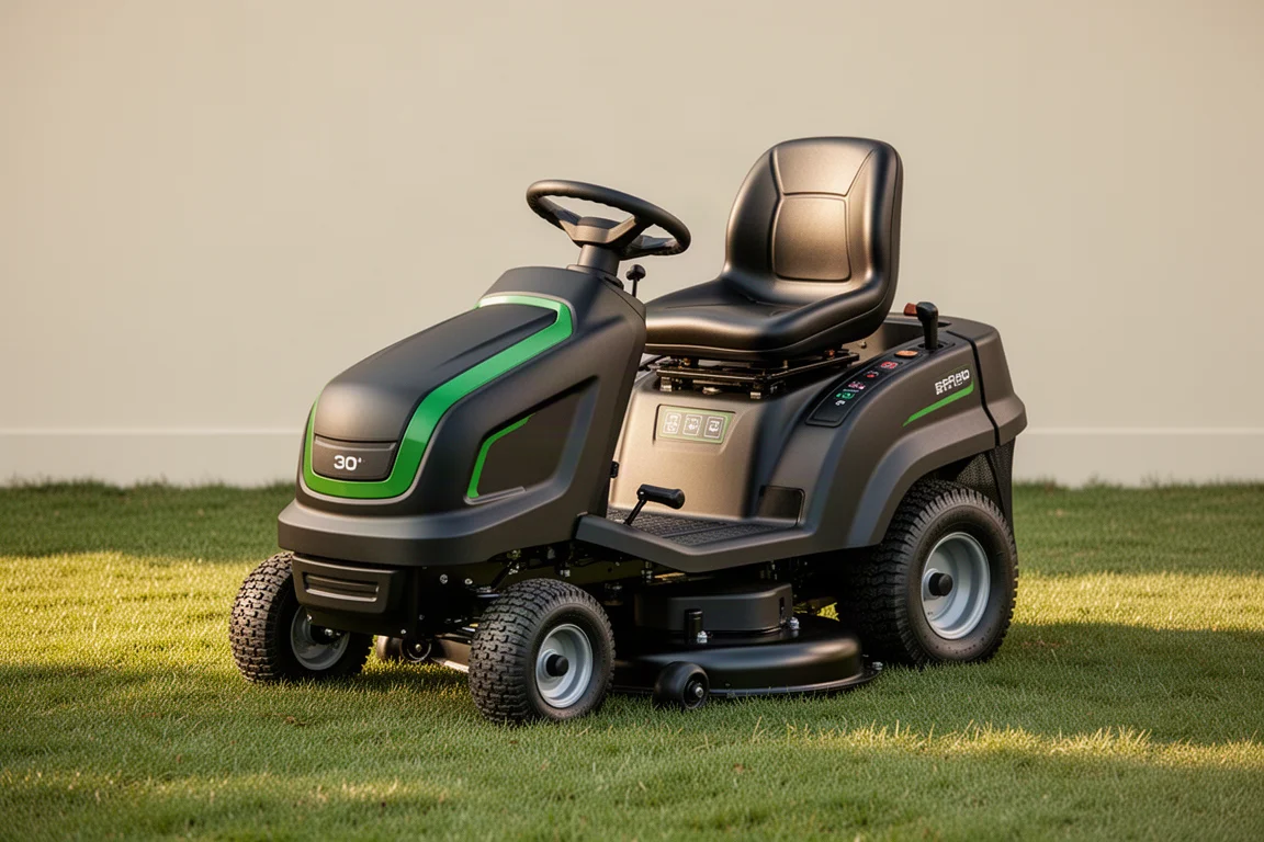 Compact battery-powered riding lawn mower parked on a neat suburban lawn