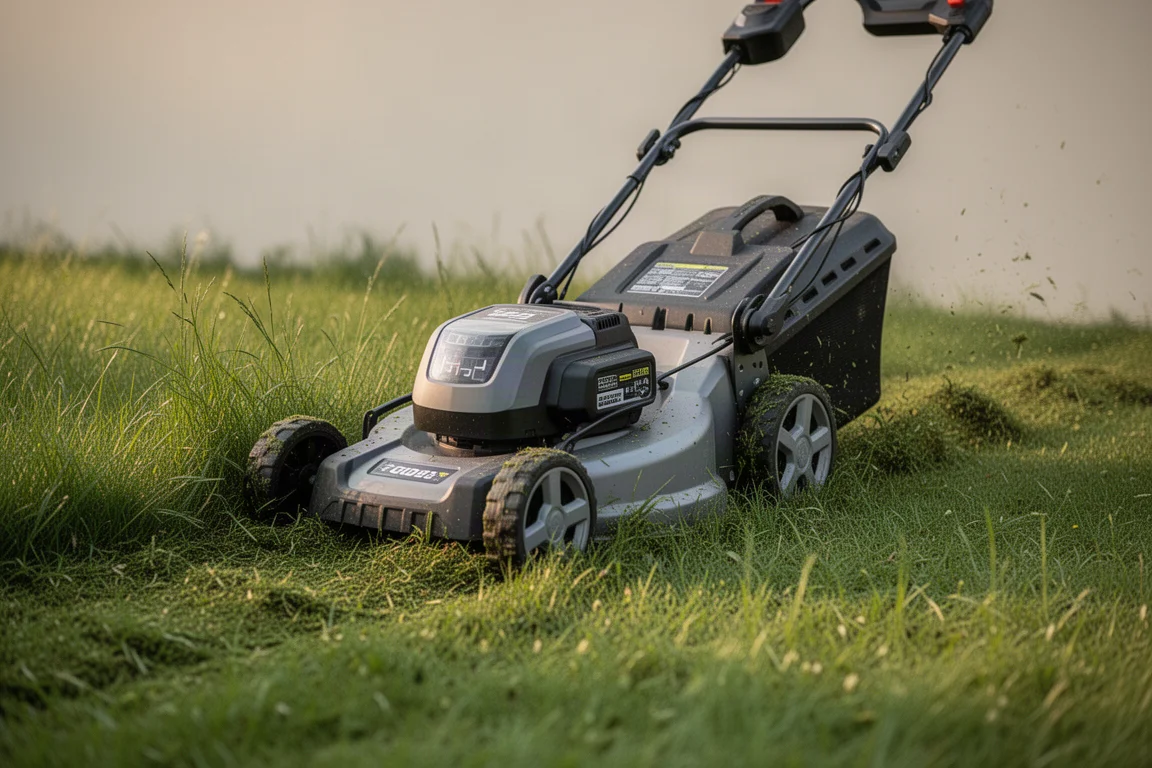 Akkubetriebener Schubbmähers mäht durch dichtes grünes Gras