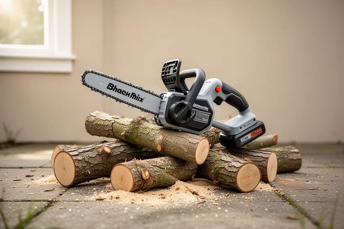 Kompakte Akku-Kettensäge liegt auf einem Holzstapel im Garten