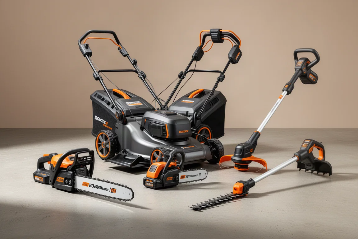Assortment of HART 40V battery-powered yard tools including a mower, chainsaw, hedge trimmer, and string trimmer