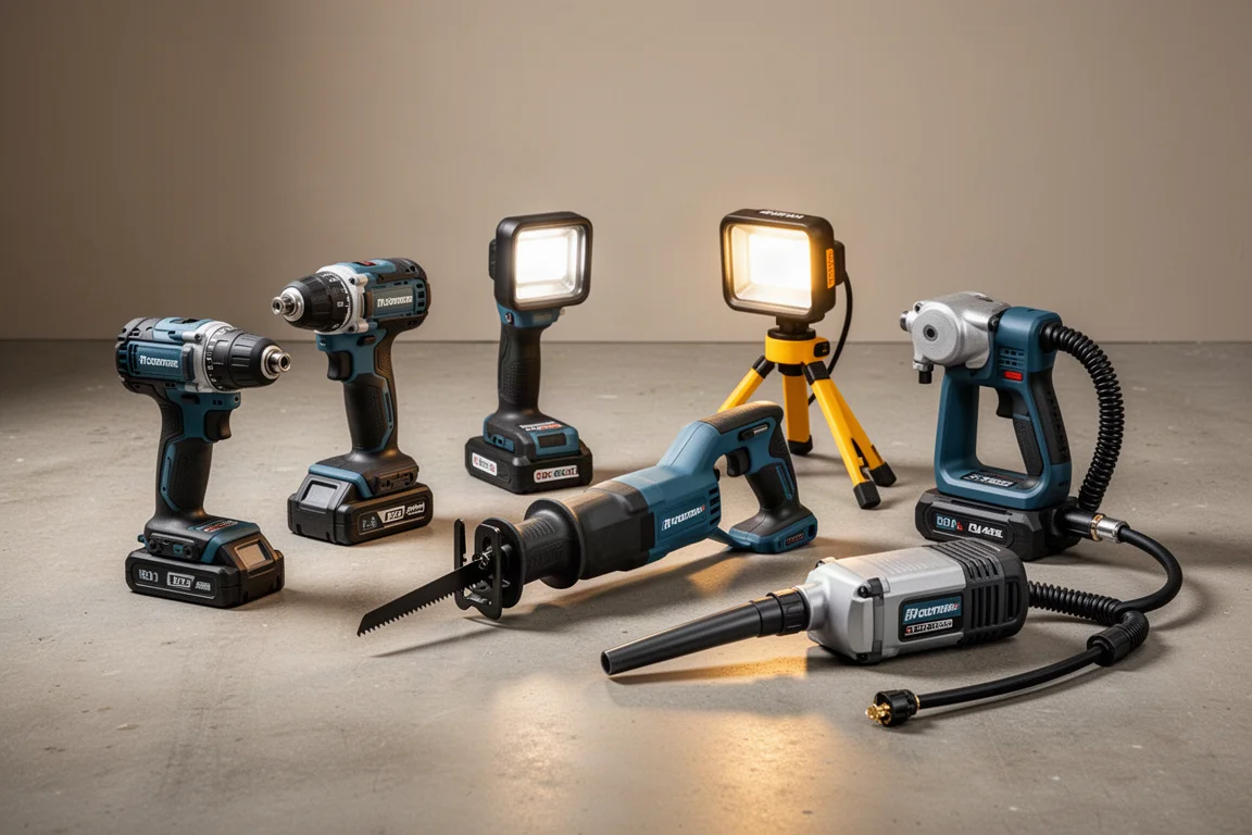 Five-tool cordless combo kit with impact wrench and tire inflator arranged on a concrete floor