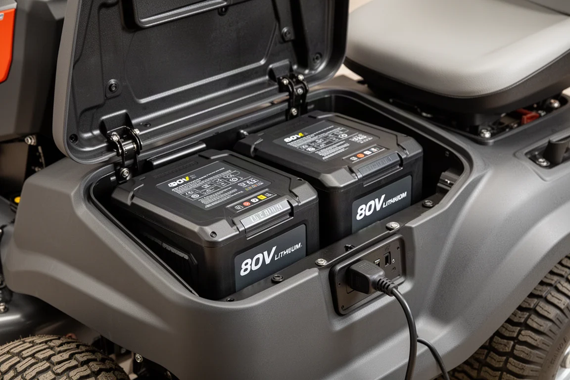 Två 80V-batterier i batterifacket på en ridgräsklippare med laddaren inkopplad