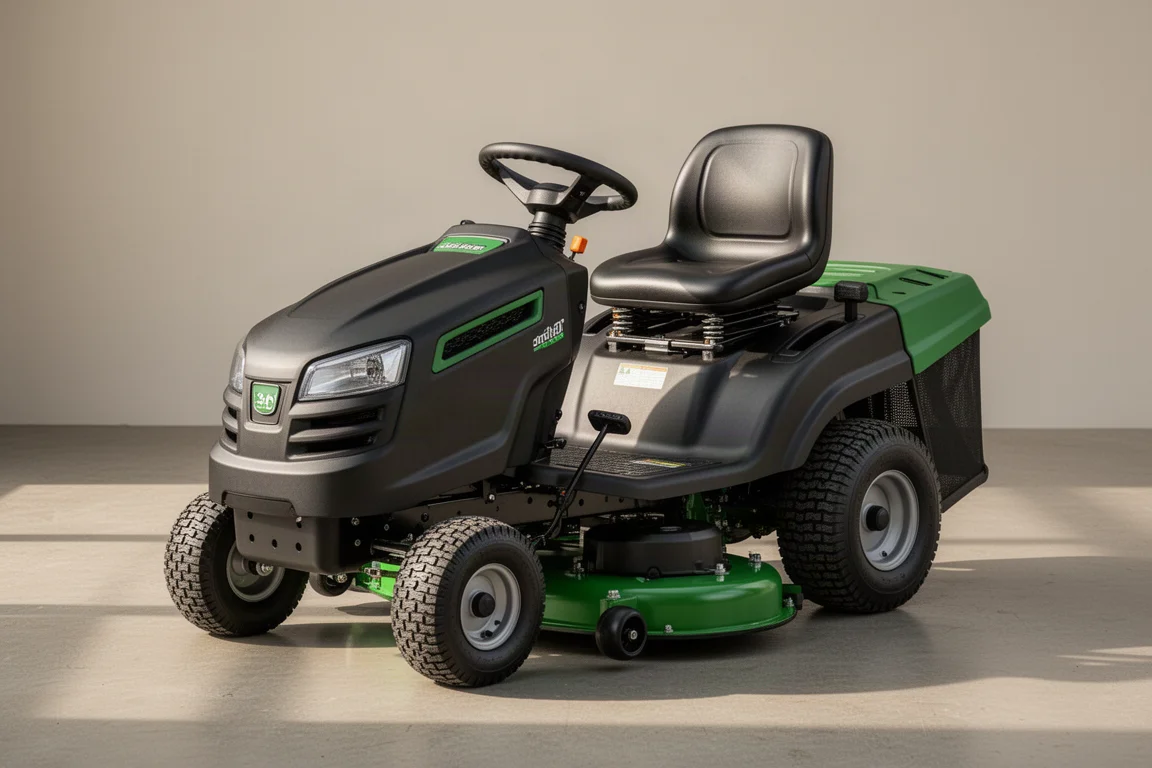 Compact HART 80V 30-inch battery-powered riding lawn mower on a concrete floor