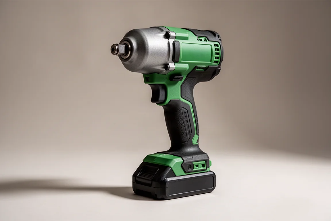 Llave de impacto inalámbrica verde de pie sobre una superficie neutra de estudio
