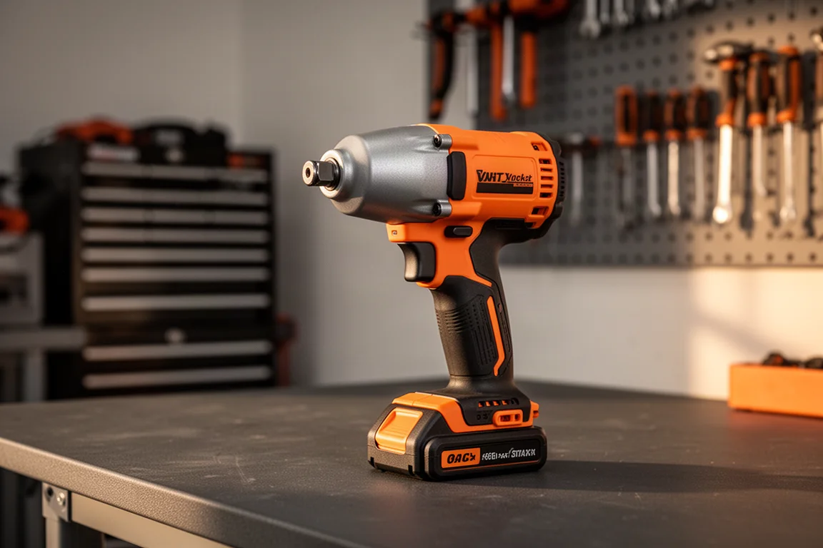 Llave de impacto inalámbrica naranja sobre un banco de trabajo de garaje con herramientas al fondo