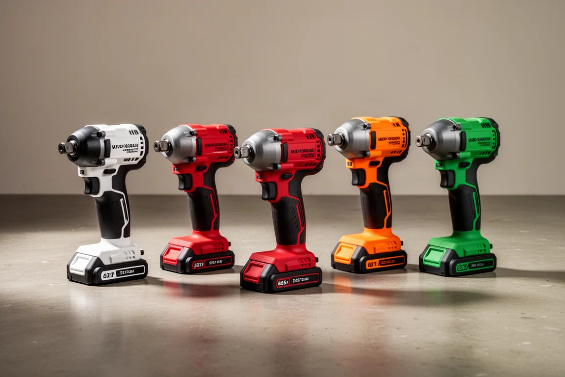 Five cordless impact wrenches in white, red, orange, and green arranged on a concrete floor