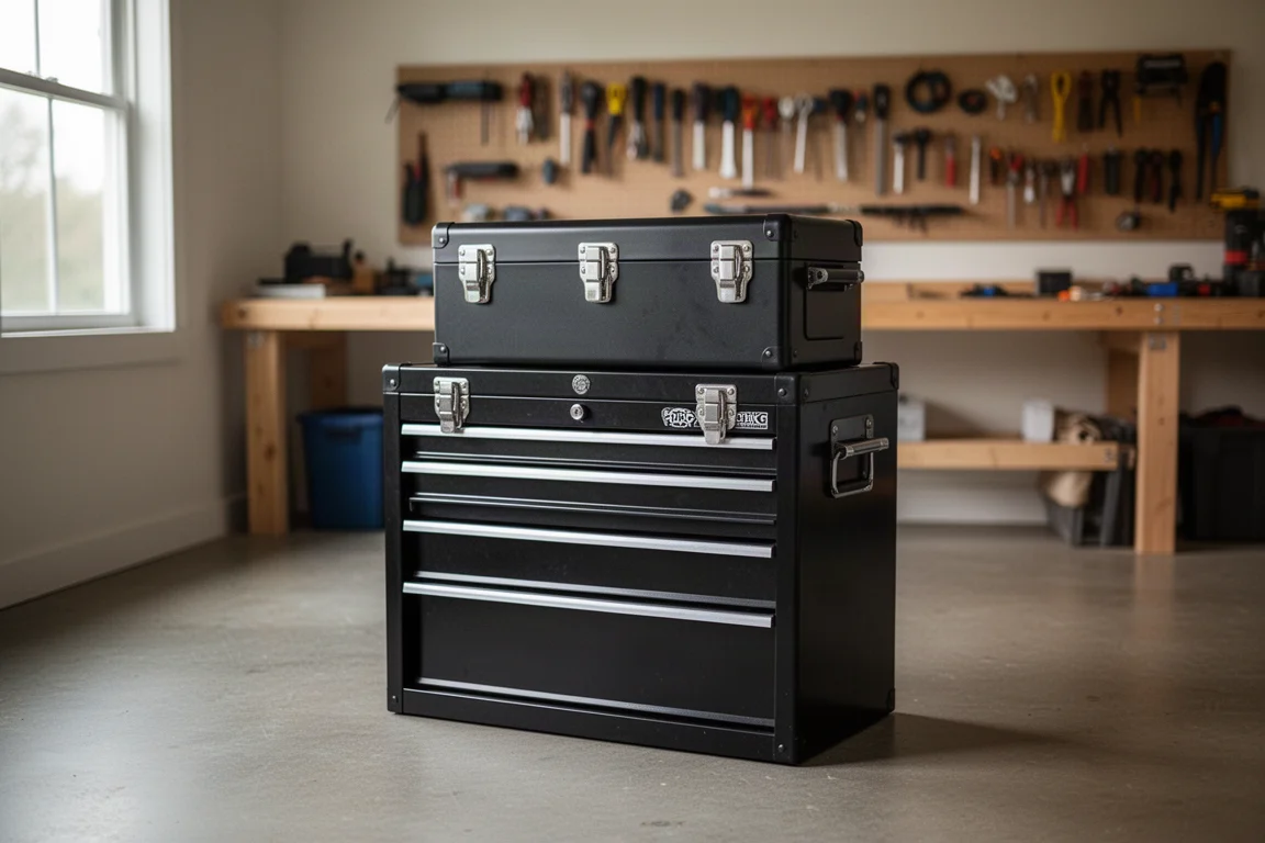 Stacked tool chest combo in a clean home garage workshop
