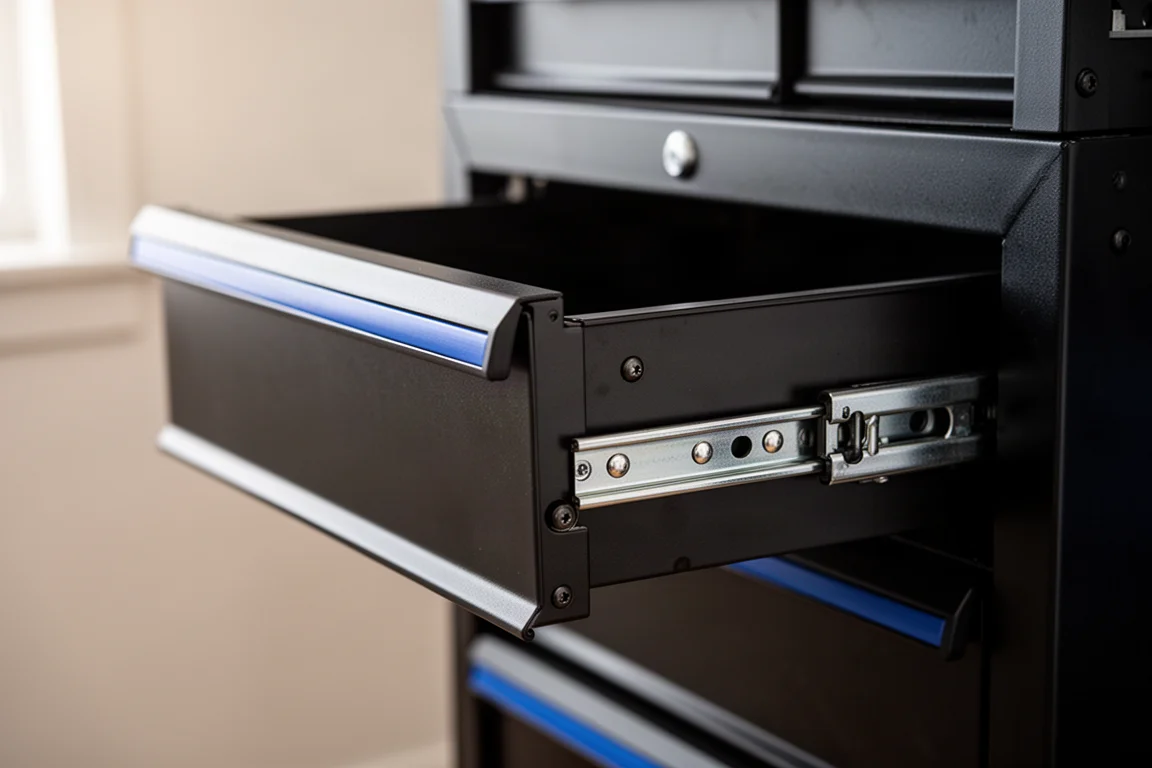Close-up of a rolling tool cabinet drawer with blue accent trim