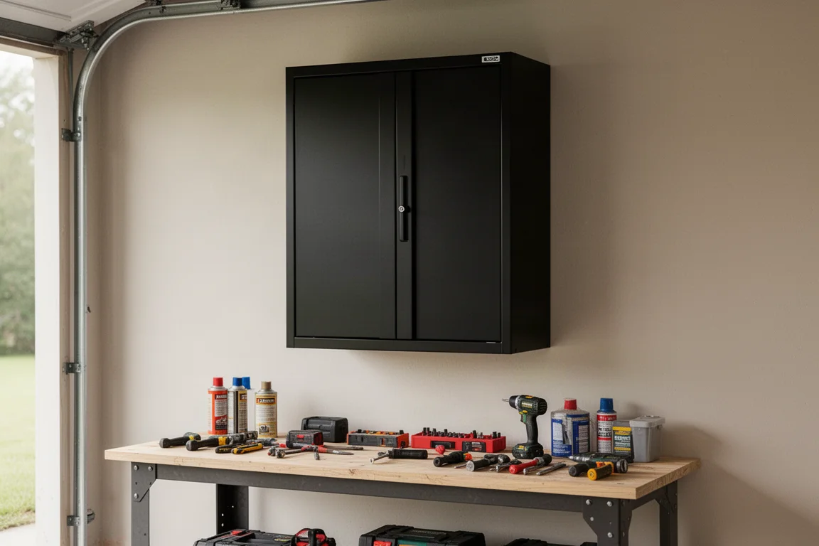 Black two-door garage wall cabinet mounted above a workbench