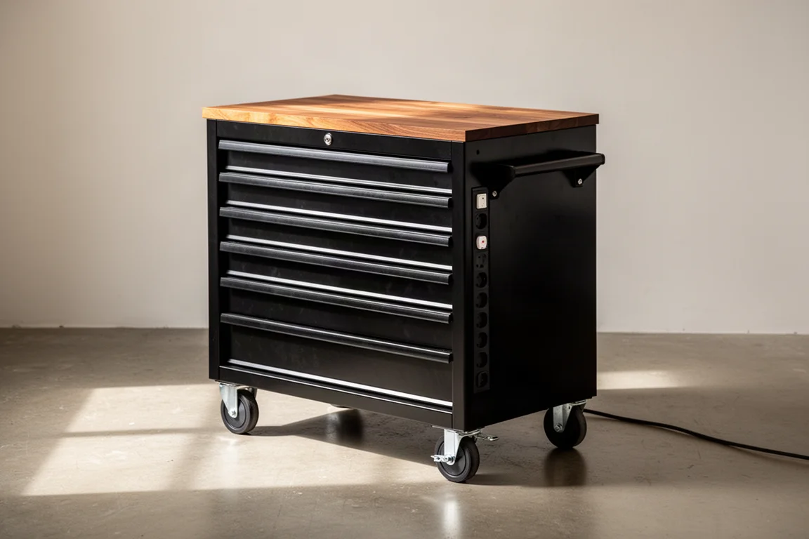 Black rolling tool cabinet with wood top in a bright workshop