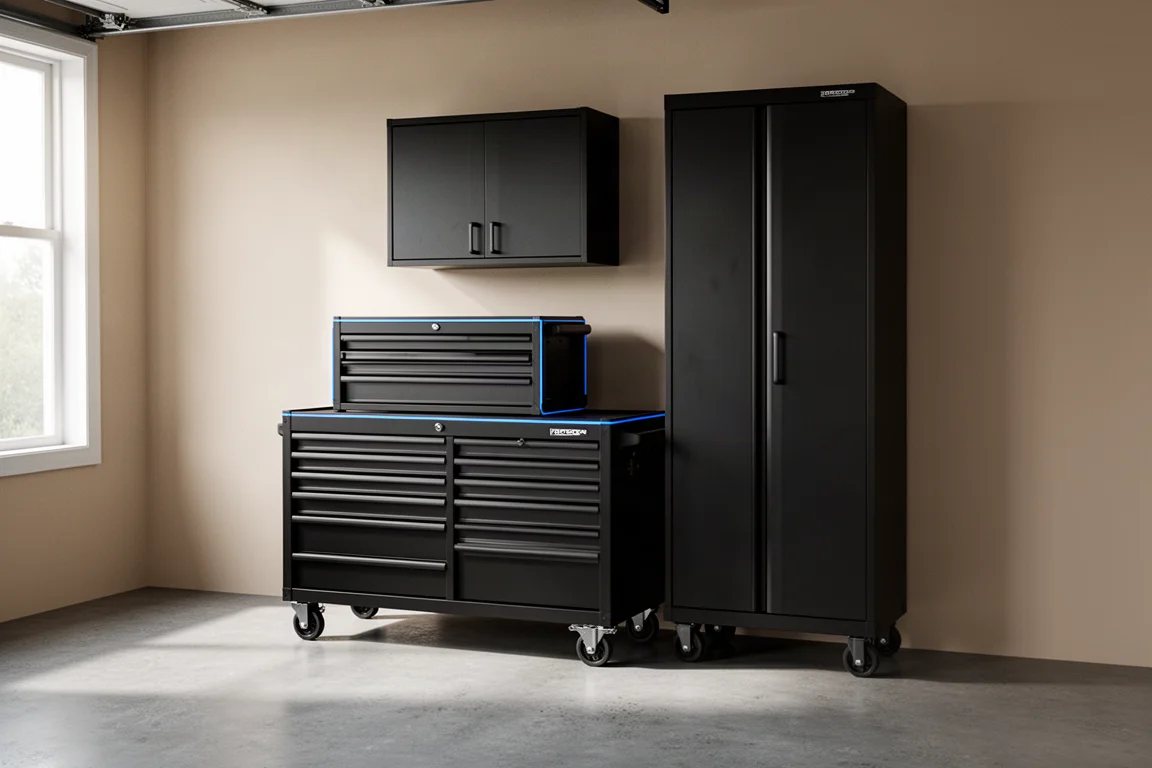 Hart tool storage lineup with stacked chest and wall cabinet in a garage