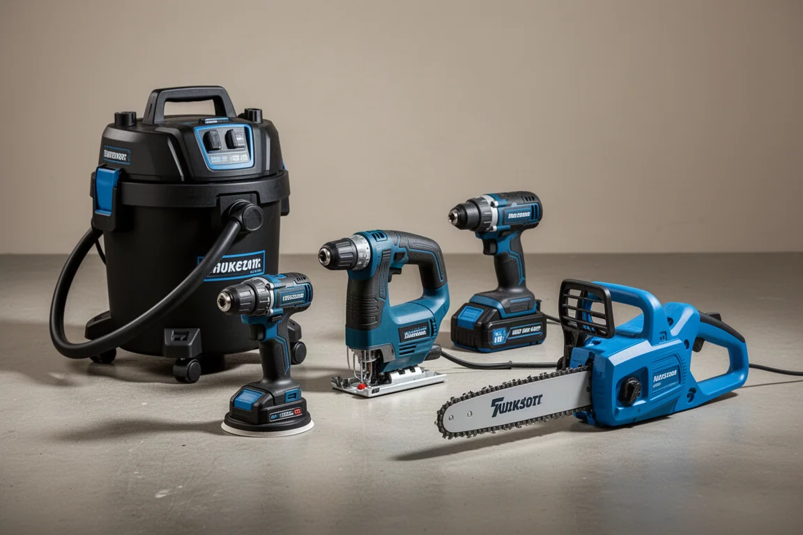 Collection of HART power tools including a shop vac, drill, jigsaw, sander, and chainsaw on a concrete floor
