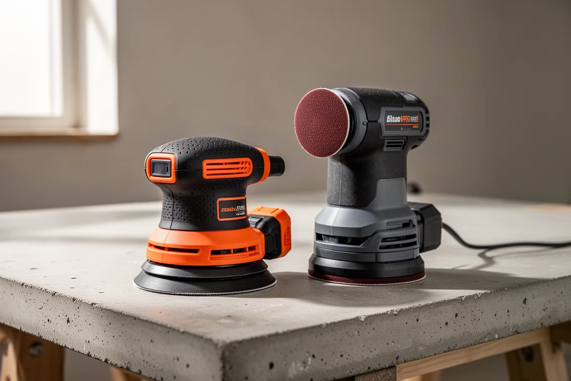 Two cordless random orbital sanders side by side on a concrete workbench